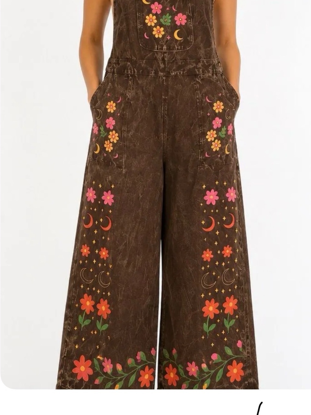 Brown Floral Moon Print Wide-Leg Jumpsuit
